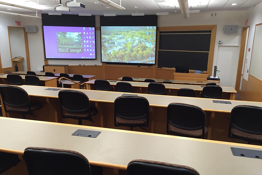 Bullock Teasley auditorium front view showing two projection screens