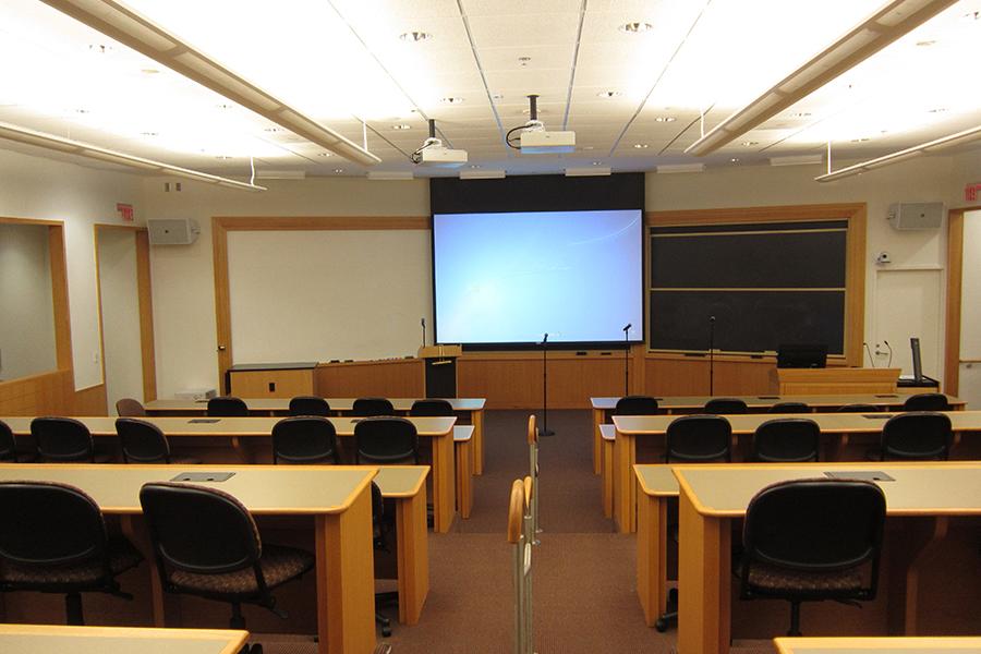 Bullock Teasley auditorium showing front view with one projection screen